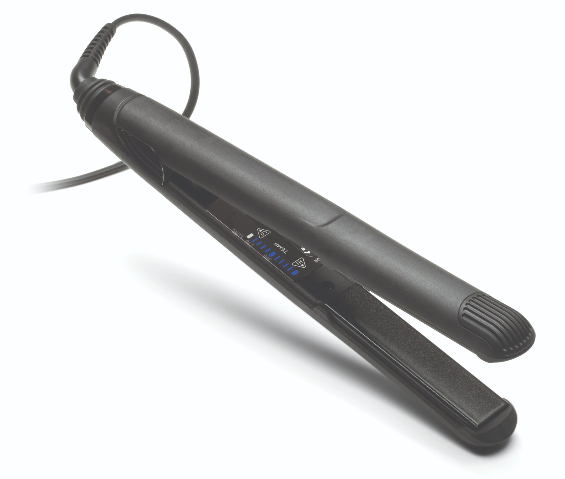Evan Professional flat iron open at an angle, showing its tourmaline and ceramic heating plates and LED controls