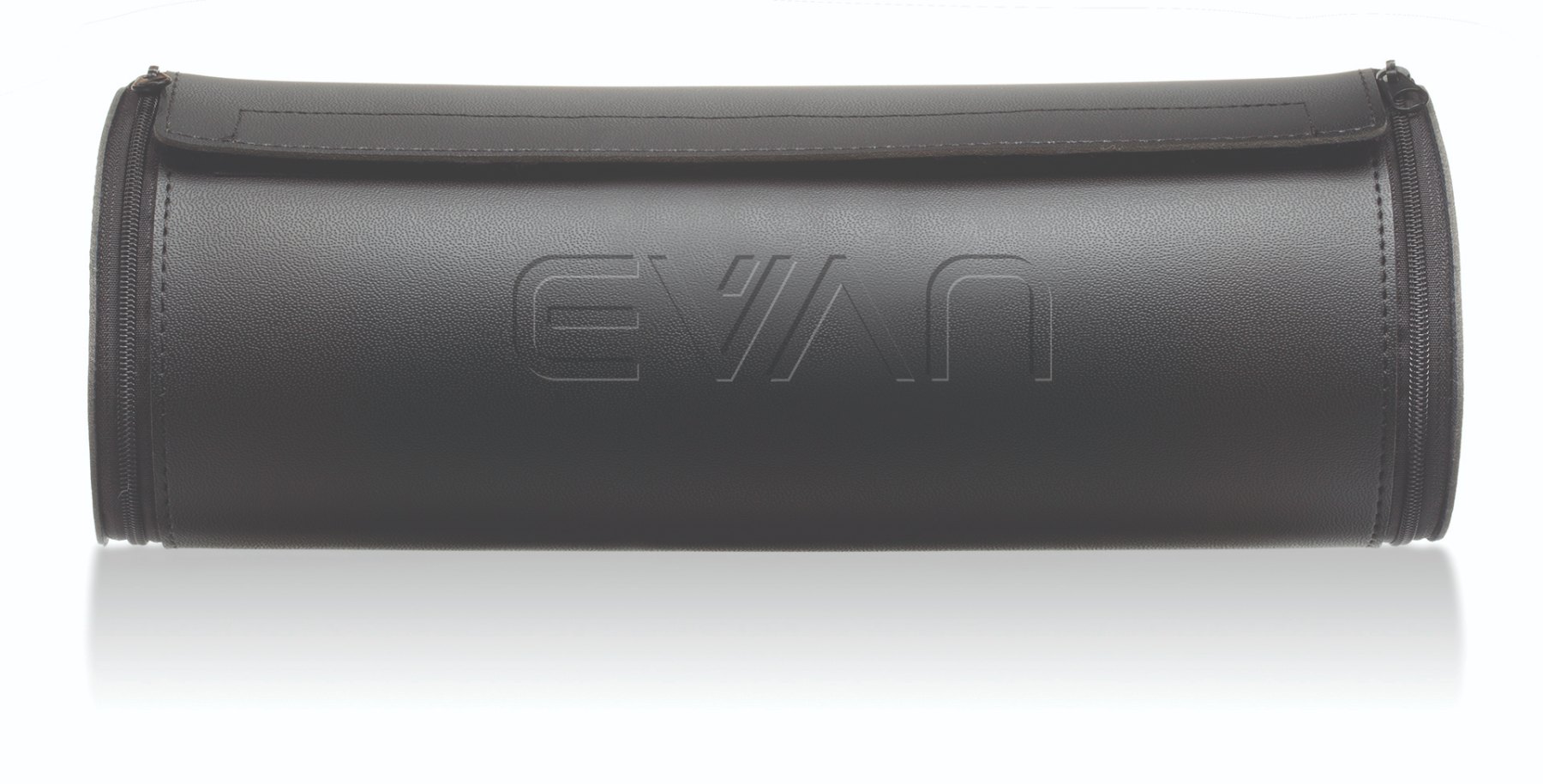 Black Evan travel pouch with the embossed EVAN logo and zip closure