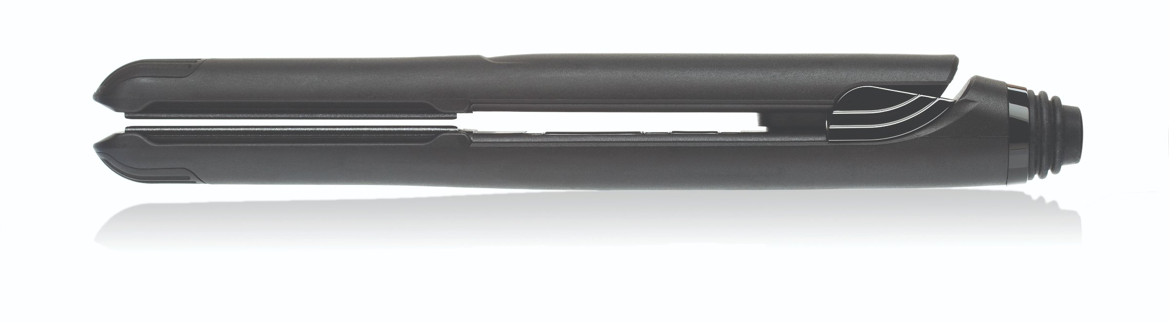 Evan Professional flat iron in matte black, side profile with plates slightly open