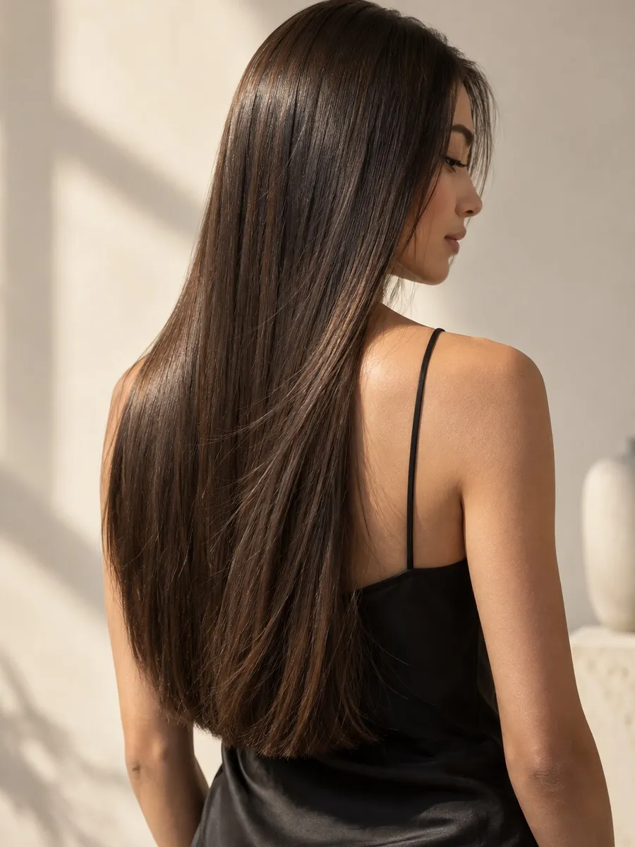 Long, sleek hair after Japanese straightening
